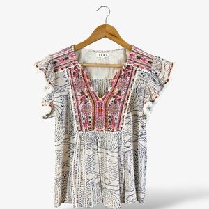THML White Boho Embroidered Top Size XS Flutter Sleeve V-Neck Casual Festival